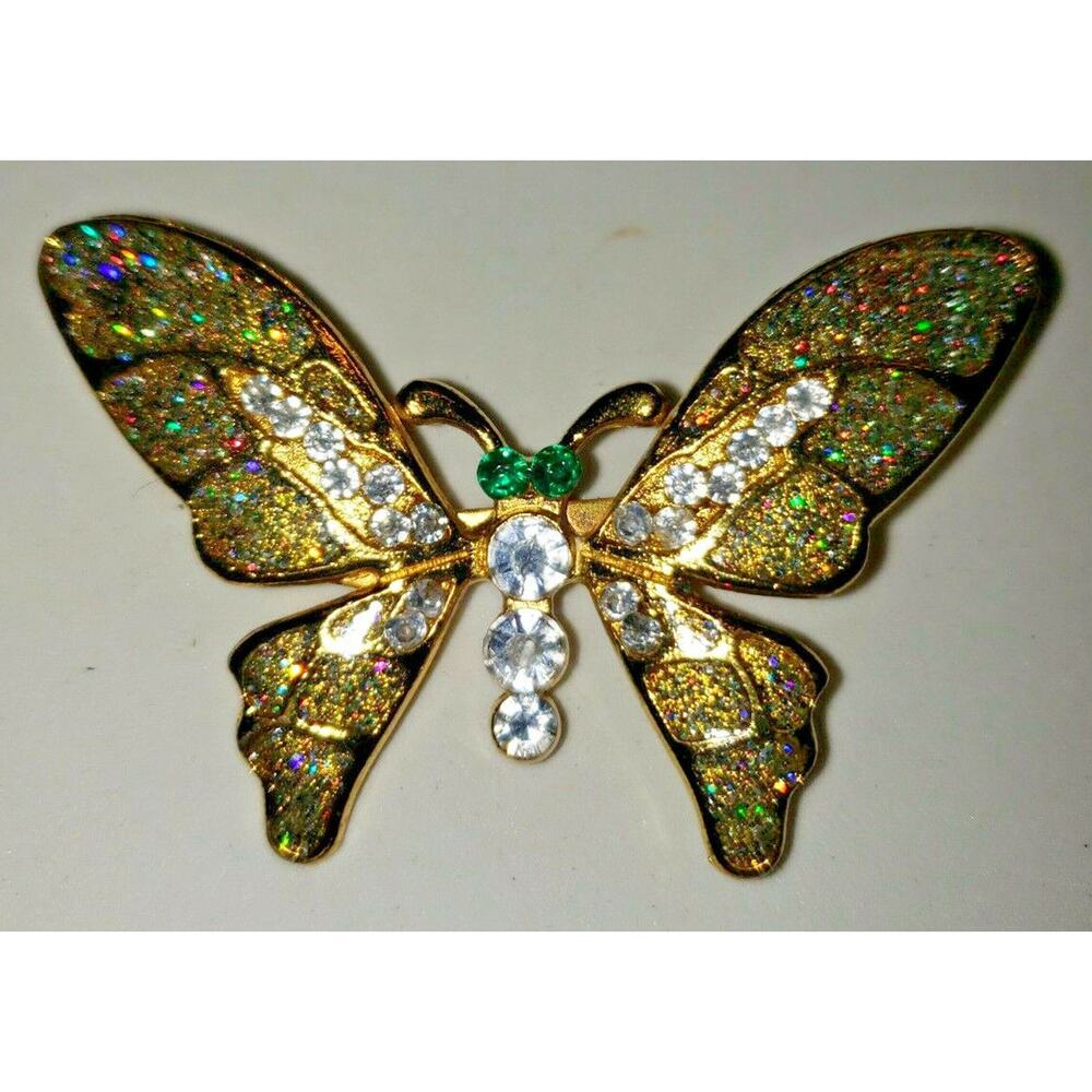 Stunning Vintage Green Rhinestone Gold Tone Butterfly Brooch Pin